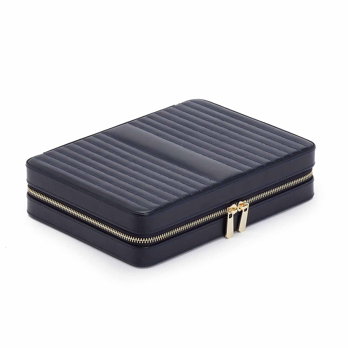 The WOLF 1834 Maria Large Zip Case from the travel collection is a closed, rectangular black leather zippered case showcasing a quilted design and gold-colored zippers. Ideal for stylish jewelry storage, it features LusterLocâ„¢ technology and is elegantly displayed against a plain white background.