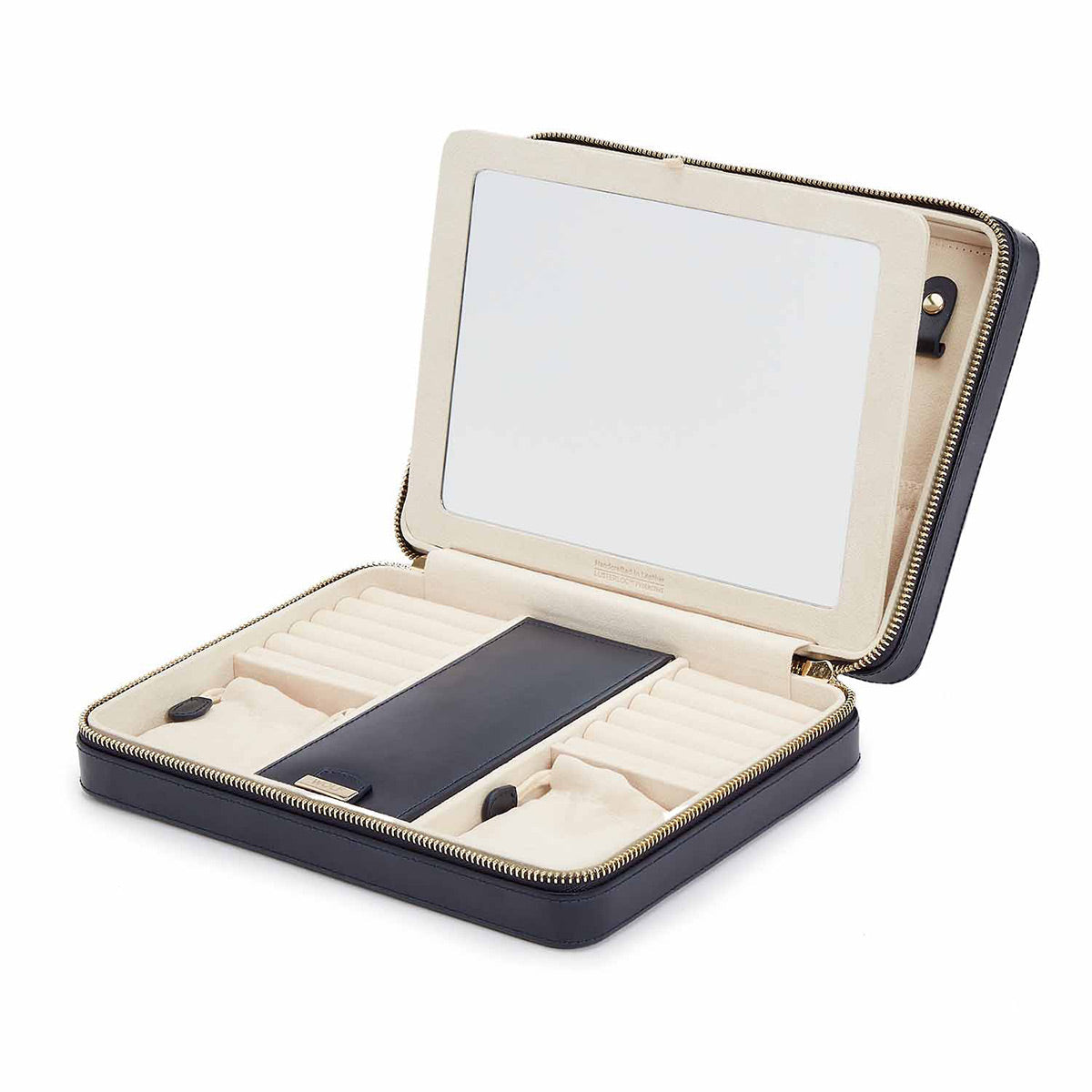 The WOLF 1834 Maria Large Zip Case is an open black leather jewelry case that incorporates LusterLocâ„¢ technology and features a mirror inside the lid. It includes cushioned slots for rings and compartments for storing other jewelry. With its cream-colored interior and zippered closure, it is a perfect addition to any travel collection.