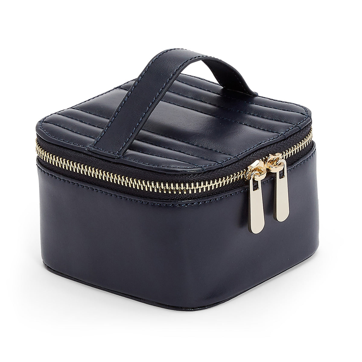 Introducing the WOLF 1834 Zip Jewellery Cube, a compact, square case crafted from dark navy leather with a convenient top handle and elegant gold zipper running around the center. This exquisite case features dual gold zipper pulls and a sophisticated quilted pattern on the lid. Enhanced with LusterLoc™, it ensures your items stay pristine, representing the quality and craftsmanship of WOLF products.