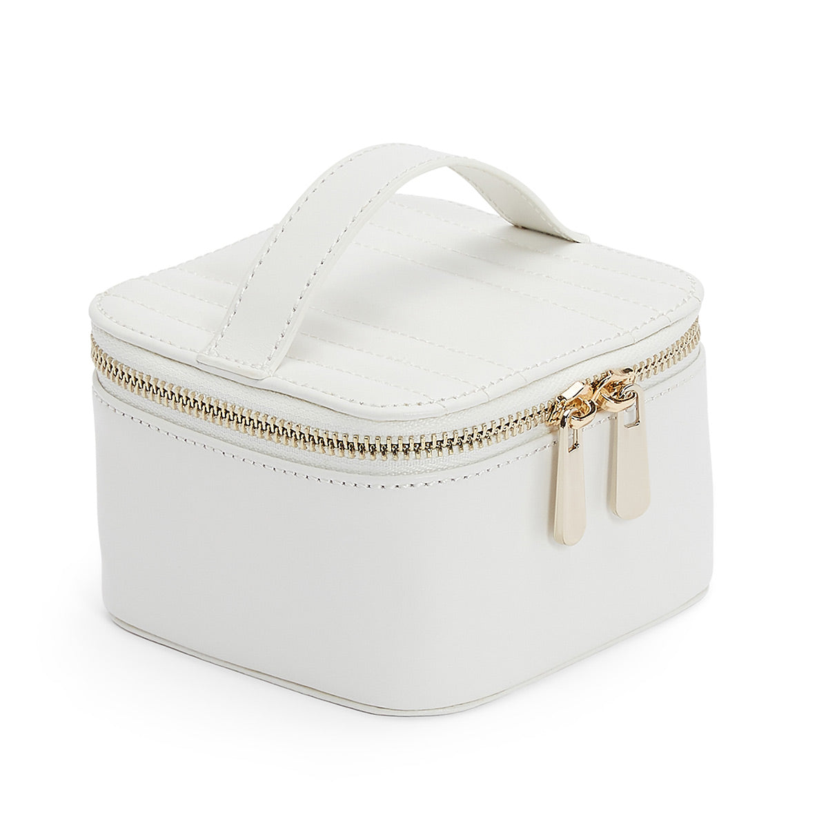 This elegant, compact white leather WOLF 1834 Zip Jewellery Cube from the Maria collection features a quilted texture on its lid and gold zippers. Designed with a convenient handle on top, it is ideal for storing jewelry.