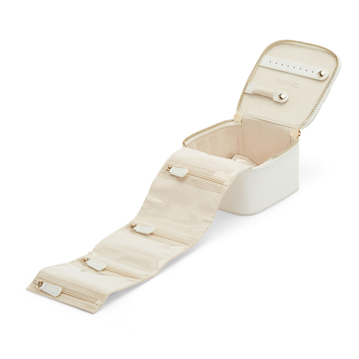 The WOLF 1834 Zip Jewellery Cube from the Maria collection comes in a cream color and features a zippered lid with LusterLoc™-lined compartments that unfold in an accordion style. Its rectangular design, complete with a curved top and secure snap closures, makes it perfect for organizing your jewelry storage.