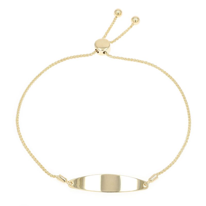 The Raffi&Co.® 14K Yellow Gold Engravable Bracelet is a refined piece of jewelry featuring an adjustable chain and a polished, oval-shaped central plate ideal for engraving. It includes a unique sliding clasp, complemented by two small gold beads at the ends of the chains, crafted by Raffi&Co.