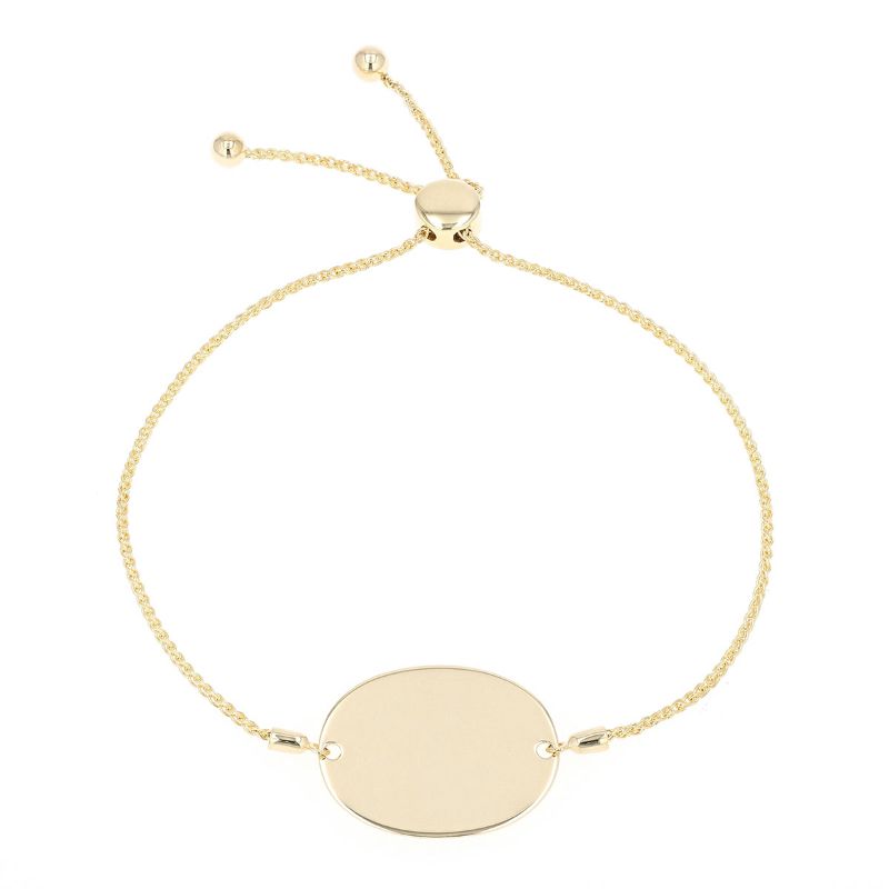The Raffi&Co.® 14K Yellow Gold Engravable Bracelet showcases a stunning oval-shaped plate centerpiece on a delicate adjustable chain with small spherical ends, ideal for personalization.