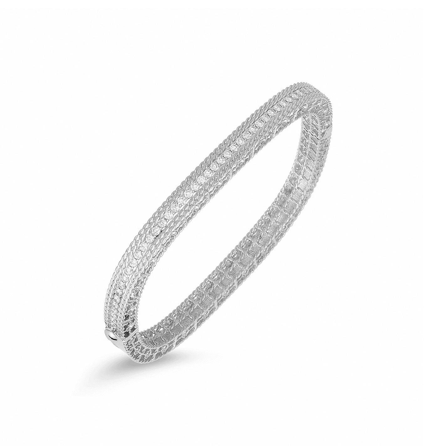 The Roberto Coin Symphony Princess 18K White Gold Diamond Bangle showcases an intricate design, forming a closed loop. Its reflective texture highlights the exquisite craftsmanship against a white backdrop, capturing the elegance of a diamond bangle.