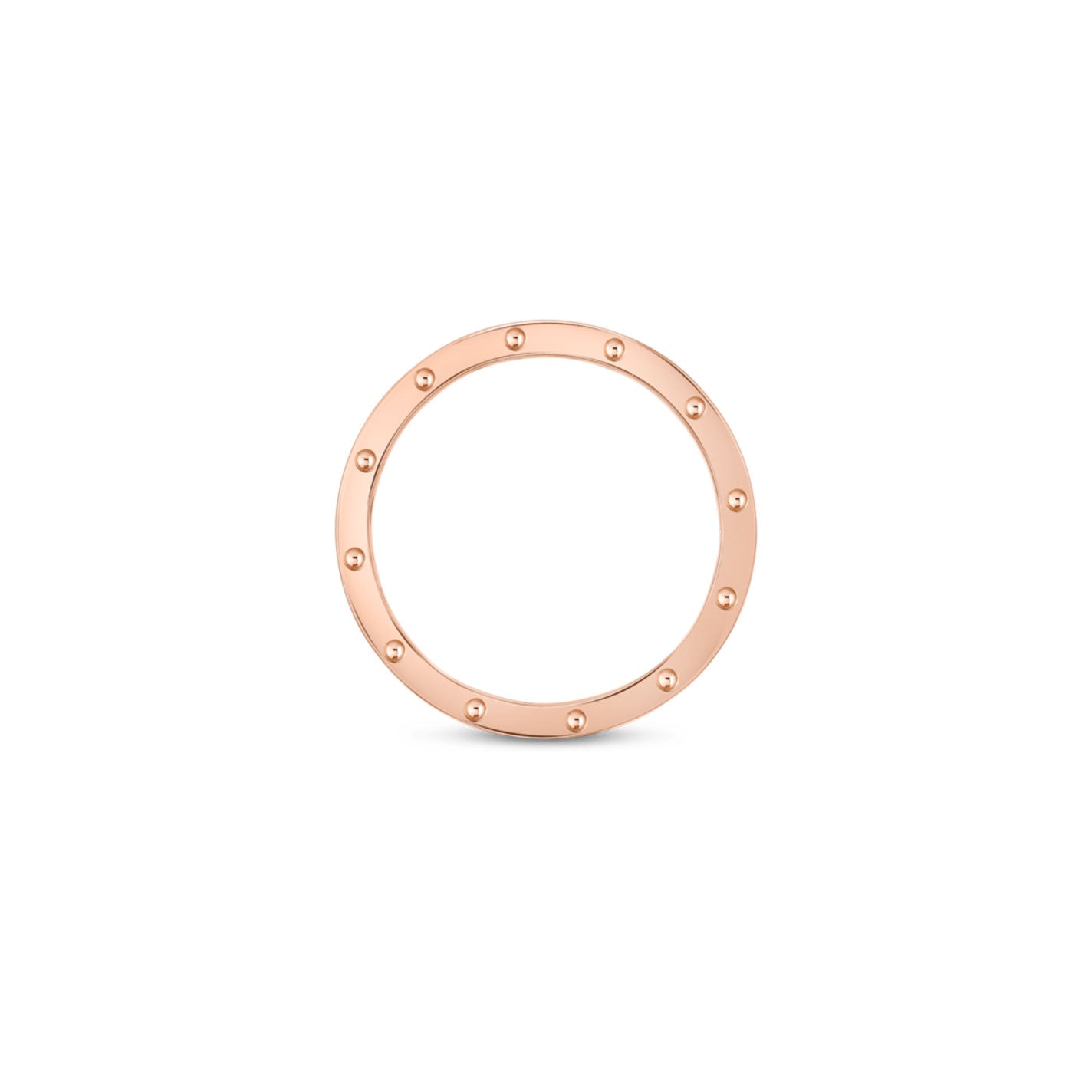 The Roberto Coin Pois Moi 18K Rosé Ring showcases a circular design adorned with evenly spaced small studs along the edge, all crafted in 18K Rosé gold.