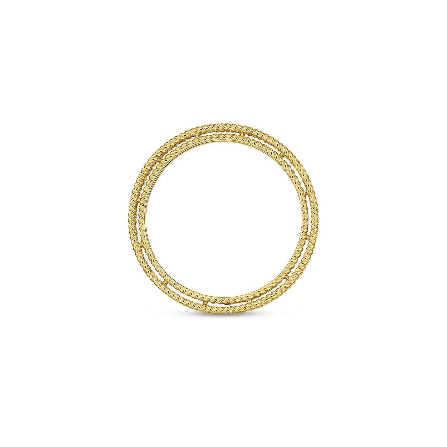 A delicate Roberto Coin Symphony Princess 18K Yellow Gold Diamond Ring featuring a textured braided design, evocative of the Roberto Coin collection, showcased on a white background.