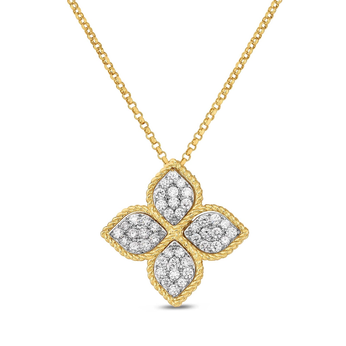 The Roberto Coin 18K Yellow Gold Large Princess Flower Diamond Necklace Pendant features a gold pendant shaped like a four-petal flower, each petal outlined in exquisite 18K yellow gold and adorned with a cluster of sparkling round diamonds at its center. The fine gold link chain enhances the elegance of this stunning piece.
