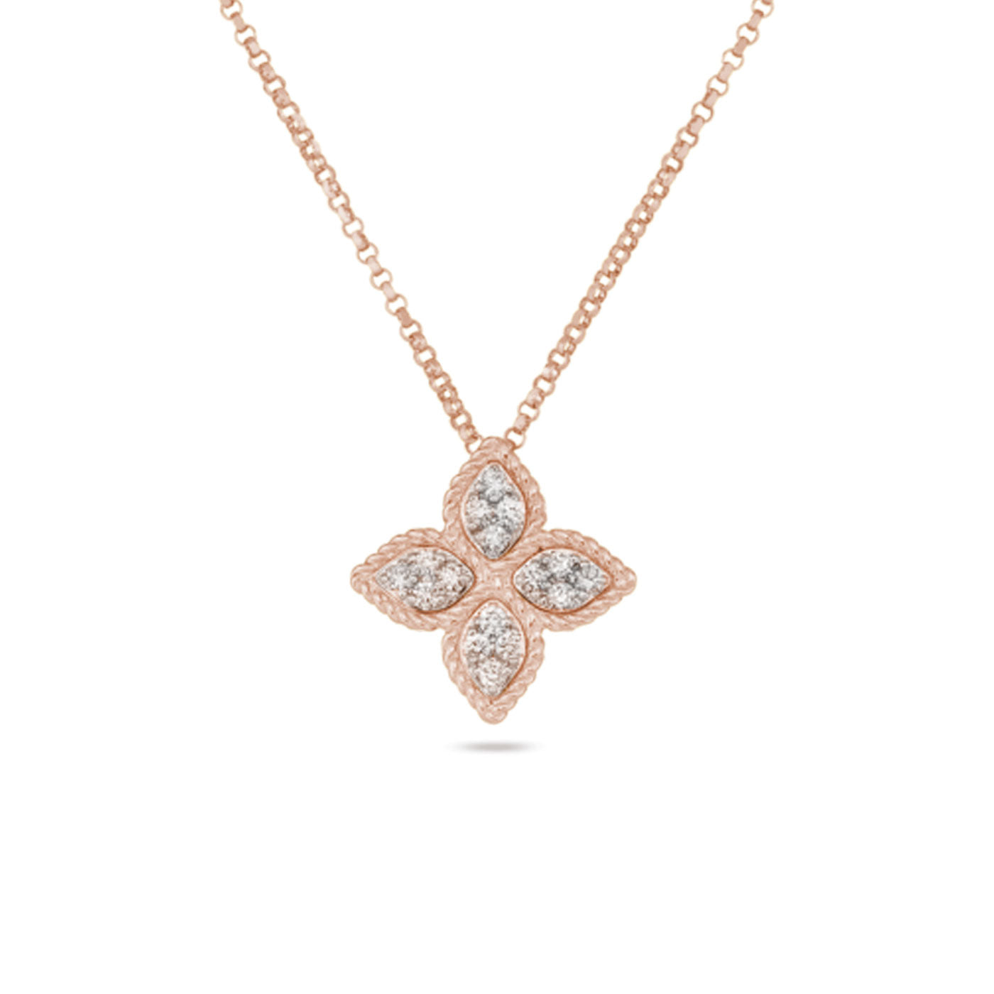 Experience the elegance of the Roberto Coin 18K Rose Gold Medium Princess Flower Diamond Necklace Pendant, showcasing a four-petal flower pendant adorned with glistening diamonds, elegantly suspended on a delicate chain.