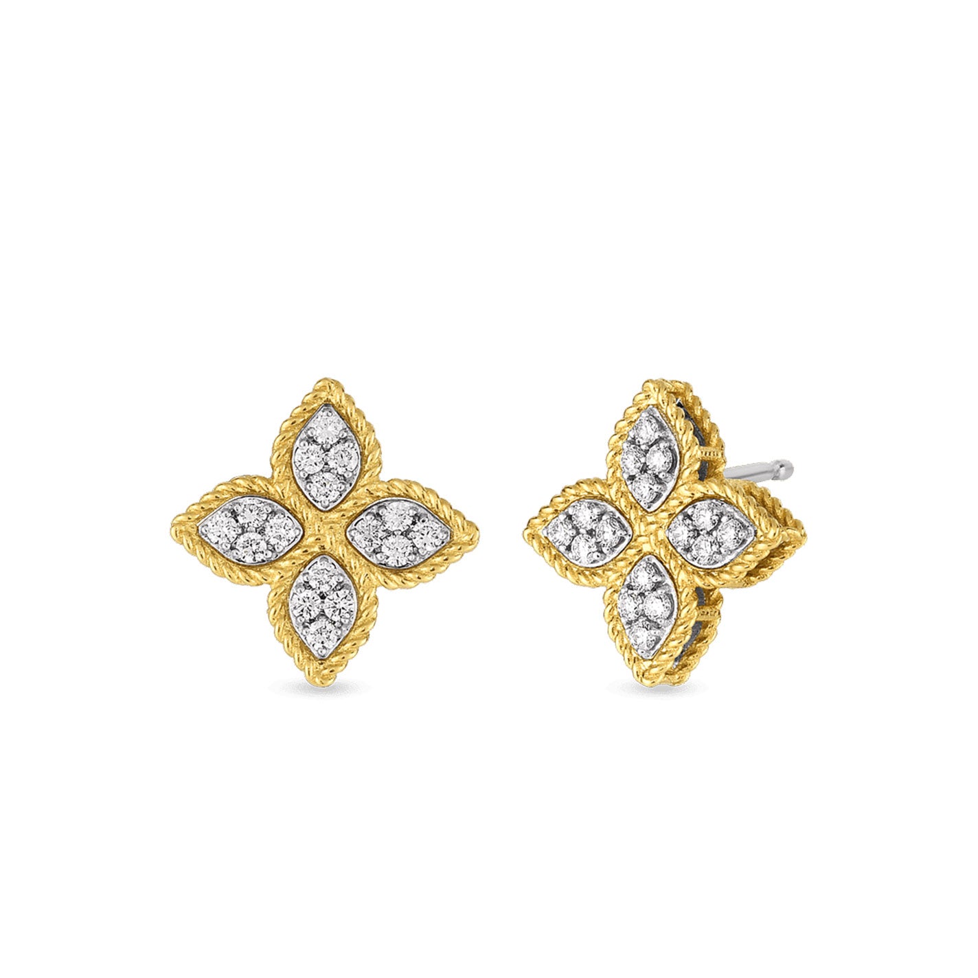 The Roberto Coin 18K Yellow Gold Medium Flower Princess Diamond Stud Earrings showcase a beautiful floral design, crafted in 18K yellow gold and adorned with diamond-like stones.