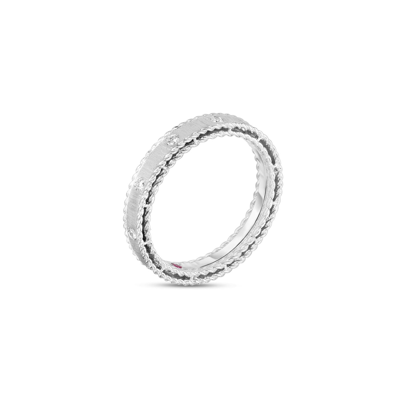 The Roberto Coin 18K White Gold Princess Diamond Satin Ring showcases a textured design with two distinct bands. The outer band boasts a beaded pattern, while the inner band remains smooth and polished. Elegant and minimalistic, it sparkles with small round diamond accents, embodying the timeless craftsmanship of Roberto Coin.