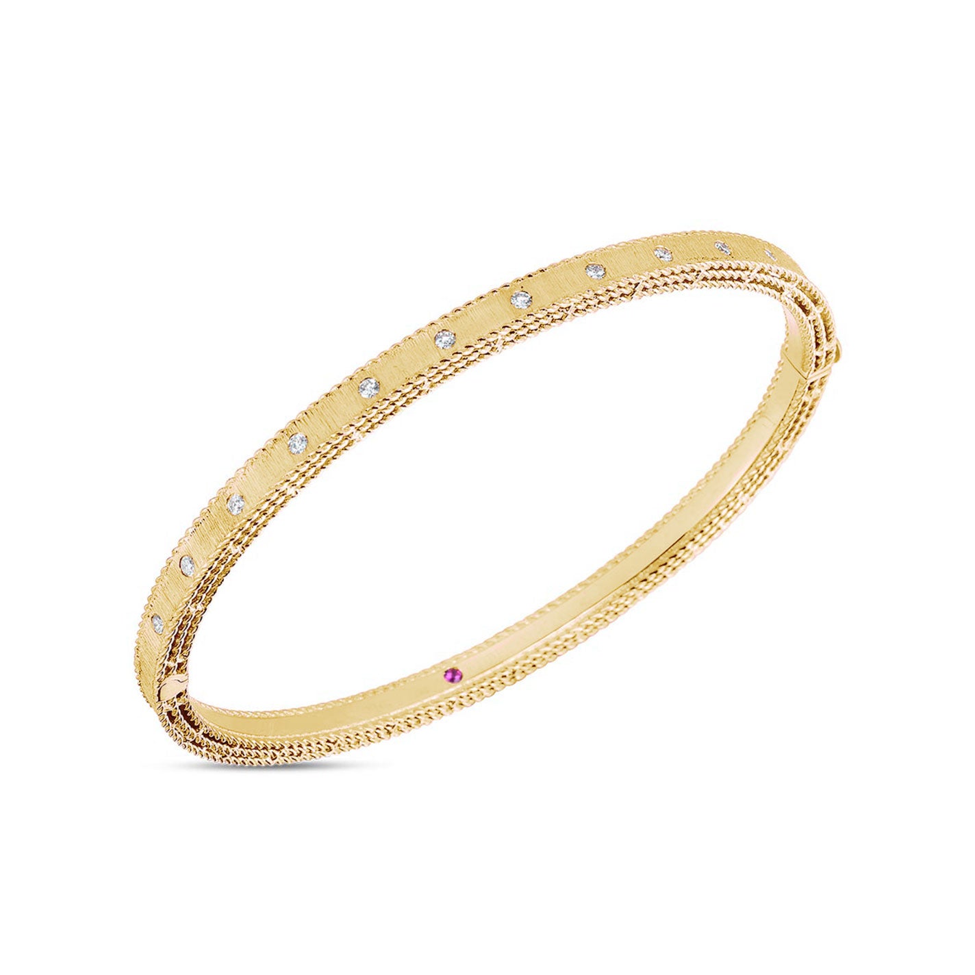 The Roberto Coin 18K Yellow Gold Princess Diamond Satin Bangle is a refined piece featuring intricate detailing around its surface, complemented by small diamonds.