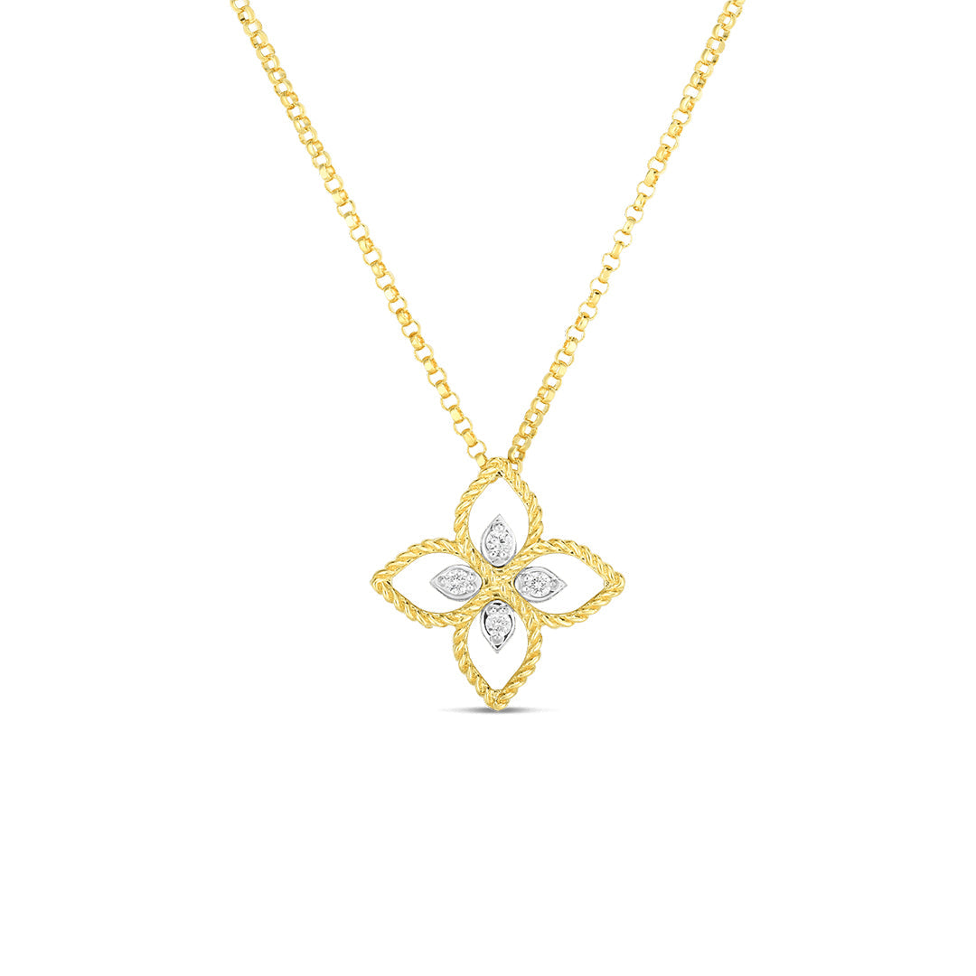 The Roberto Coin Principessa 18K Yellow Gold Diamond Small Flower Necklace Pendant features a four-petal design with diamonds at the center and tips, beautifully displayed on a plain white background.