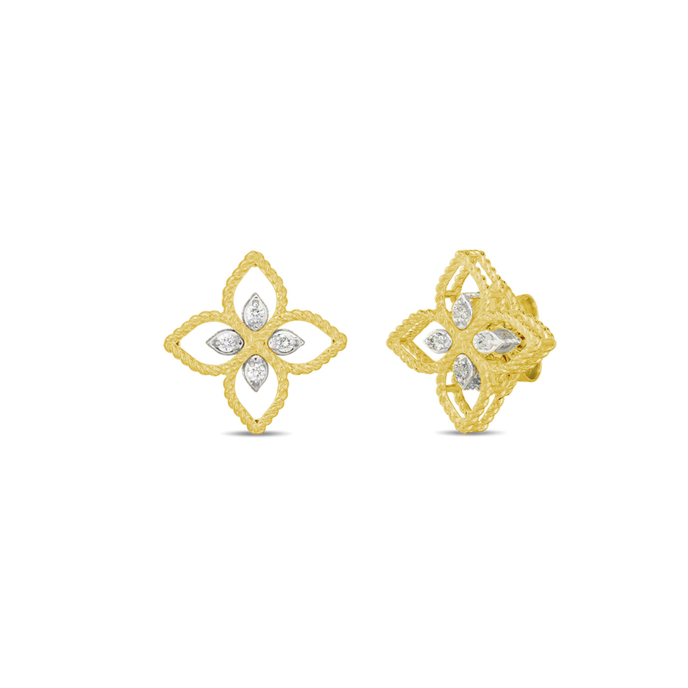 Roberto Coin Principessa 18K Yellow Gold Diamond Small Flower Stud Earrings feature four-petal flower shapes with twisted gold edges and marquise-shaped diamonds, shown on a white background.
