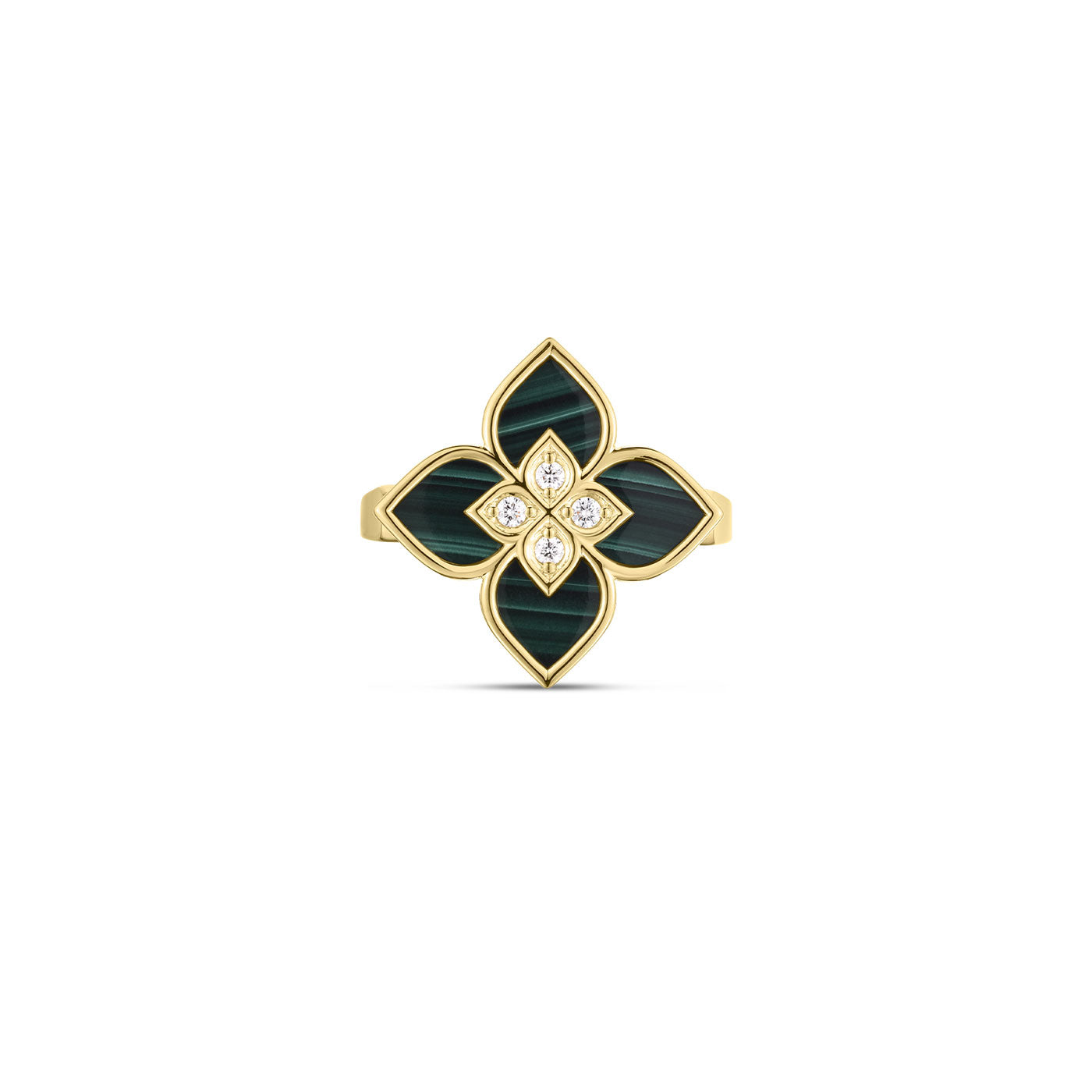 The Roberto Coin Venetian Princess 18K Yellow Gold Malachite and Diamond Ring features a stunning flower design with four petal-shaped sections crafted from Malachite. Five sparkling diamonds at the center create an intricate floral pattern, all elegantly set against a simple white background.