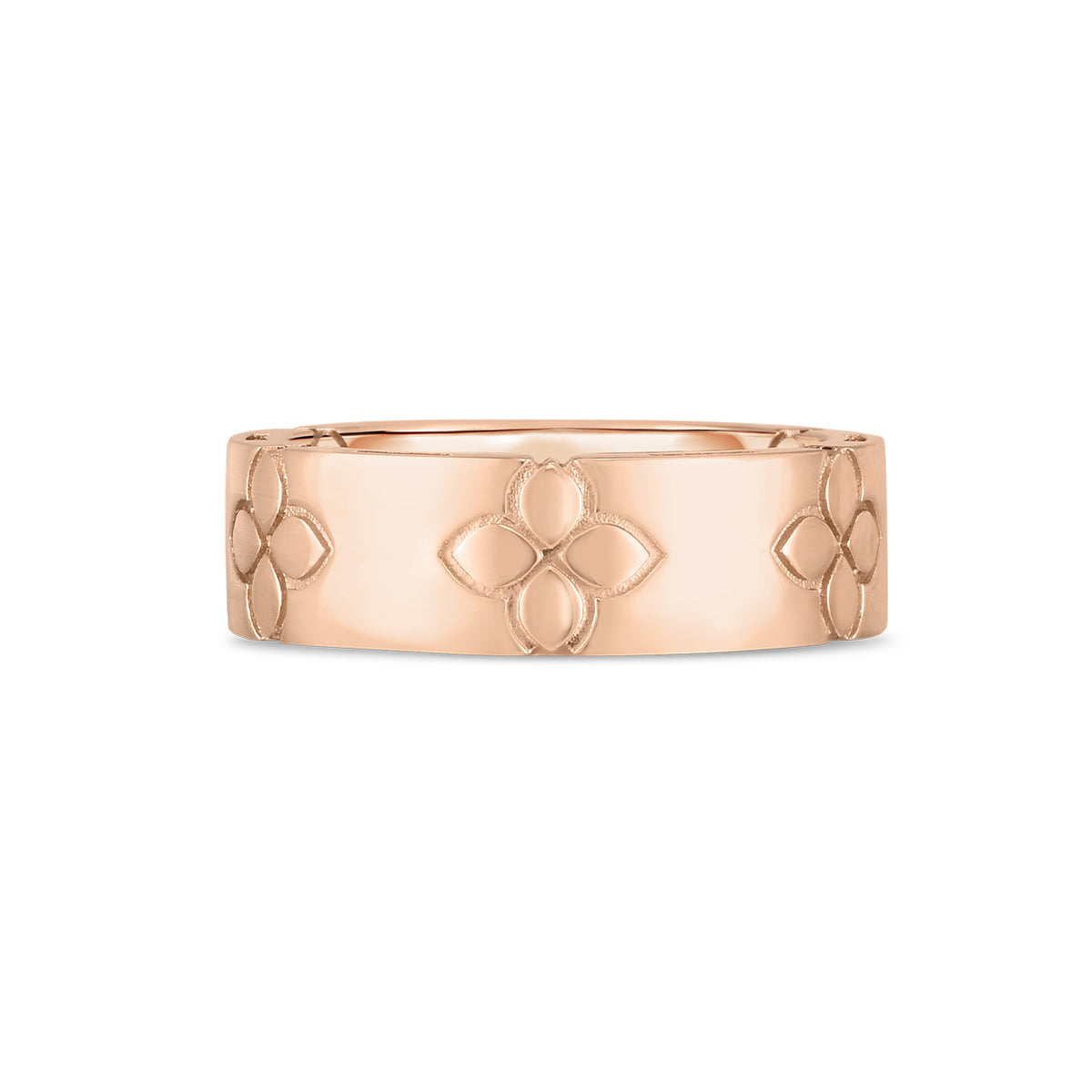 The Roberto Coin Love In Verona 18K Rose Gold Etched Flowers Wide Ring Band is crafted from 18K rose gold and showcases a smooth finish adorned with a floral pattern circling the band. The flowers, elegantly etched into the surface, reflect Roberto Coin's signature simple yet sophisticated design.