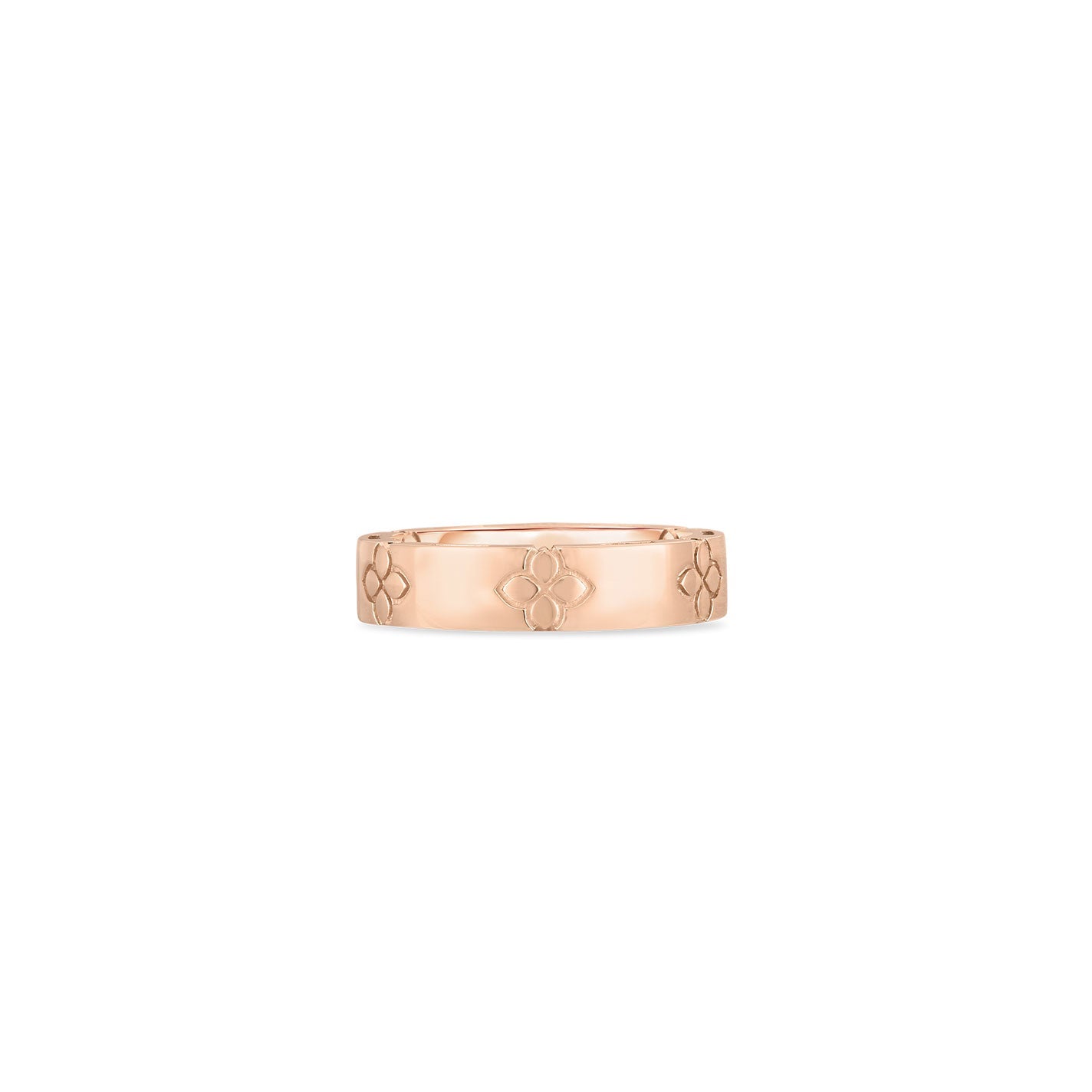 The Roberto Coin Love in Verona 18K Rosé Gold Fashion Ring, by Roberto Coin, is a gold band ring crafted from 18 Karat Rosé Gold and features delicate floral designs on its exterior against a plain white backdrop.