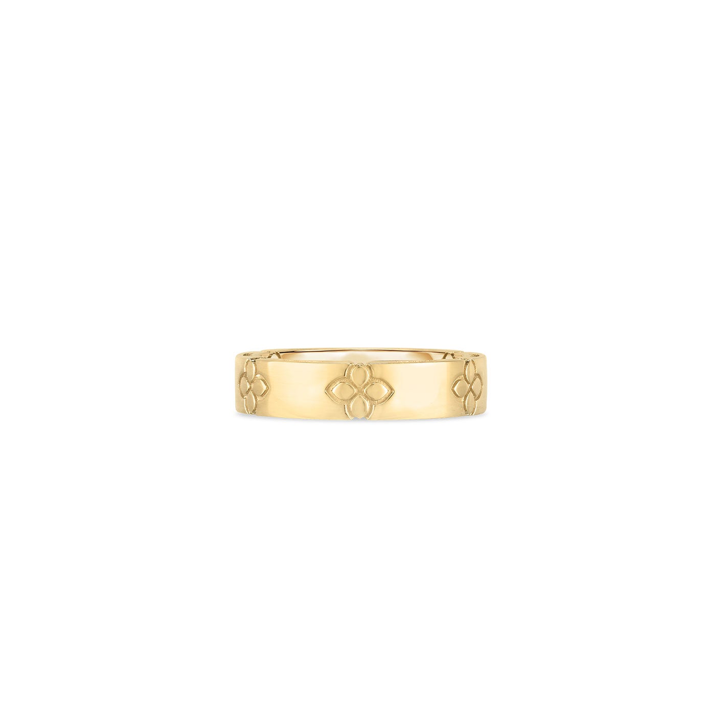 The Roberto Coin Love In Verona 18K Yellow Gold Etched Flowers Ring showcases polished floral motifs evenly spaced around the band by the esteemed designer Roberto Coin, with its elegant design beautifully highlighted against a plain white background.
