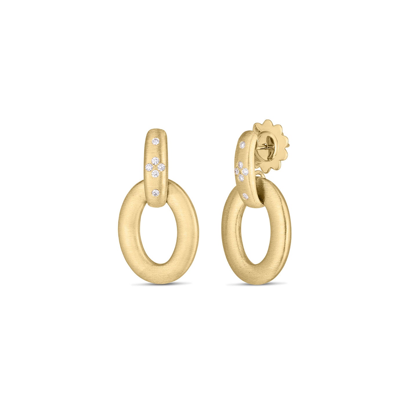 The Roberto Coin Duchessa 18K Yellow Gold and Diamond Accent Satin Doorknocker Earrings, crafted by Roberto Coin, showcase a matte finish with small diamond accents and are designed with a post and butterfly clasp.