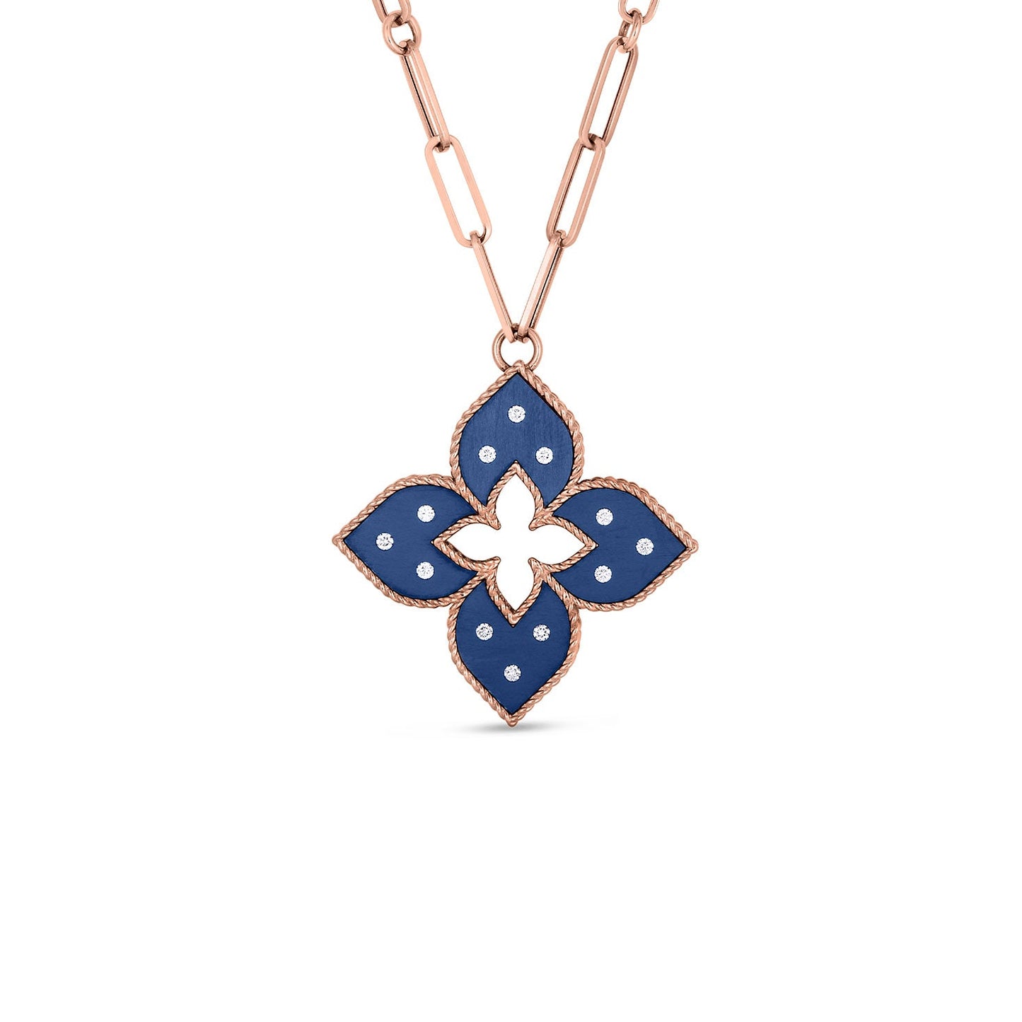 The Roberto Coin Venetian Princess necklace showcases an 18K Rose Gold pendant in the shape of a medium blue titanium flower accented with diamonds. The central cut-out detail enhances its elegance, and it is elegantly attached to a delicate gold chain.