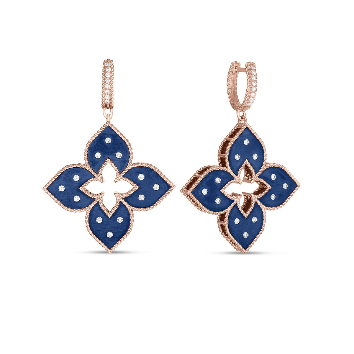 These exquisite Roberto Coin Venetian Princess earrings feature a stunning floral motif crafted with large blue titanium petals embellished with delicate white dots. The edges are elegantly rose gold-toned, while the hoops are adorned with shimmering diamond accents, infusing any ensemble with sparkle and sophistication.