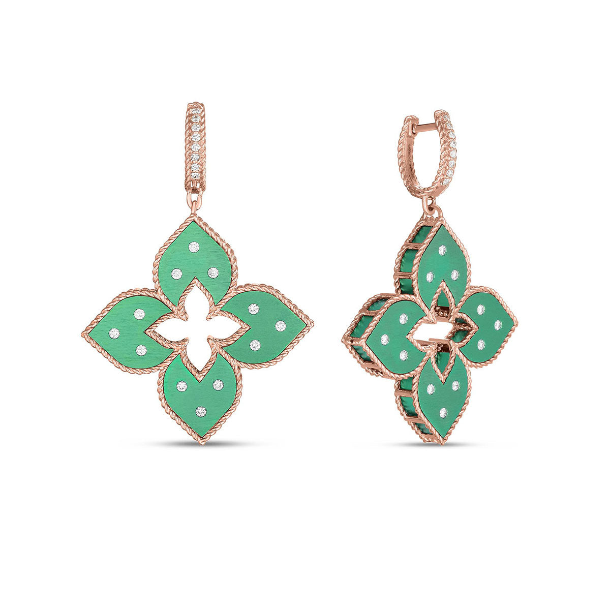 Introducing the Roberto Coin Venetian Princess Flower Drop Earrings: crafted from 18K Rose Gold, these exquisite earrings feature a large floral design with green titanium petals outlined in elegant rose gold. Each petal is accented with small diamonds, and the hoop clasp is encrusted with additional diamonds to enhance their sophistication.