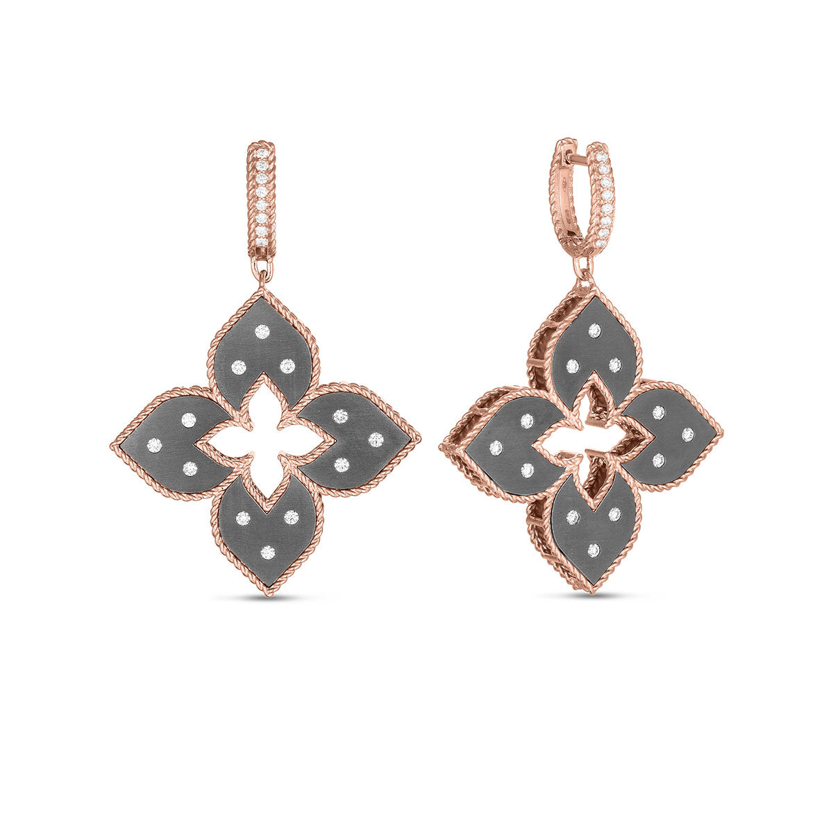 Introducing the Roberto Coin Venetian Princess Earrings, crafted in 18K Rose Gold. These earrings showcase grey titanium drop pendants adorned with diamond accents, featuring delicate flower shapes complete with intricate braided edges and subtle white dot details. The textured gold hoops provide a luxurious touch for secure attachment.