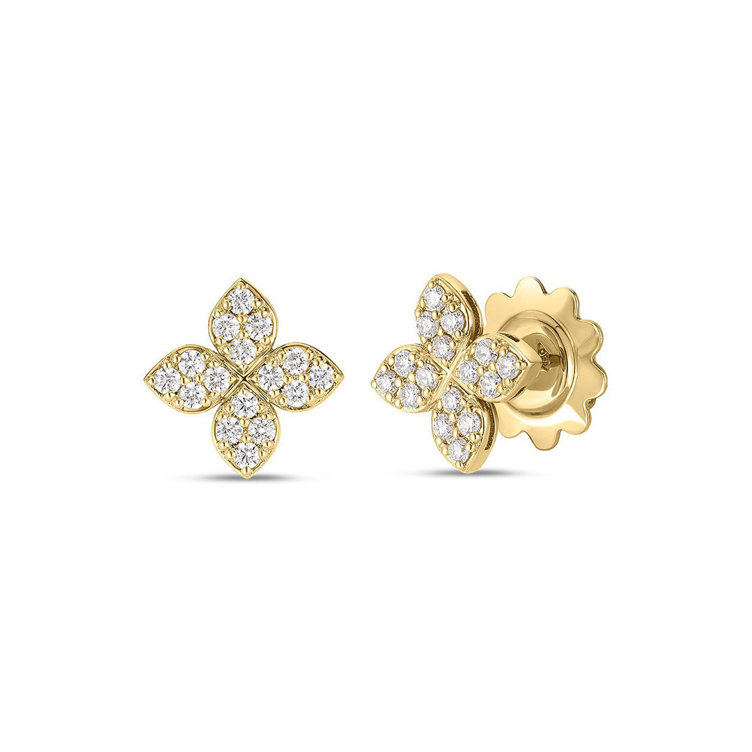 Roberto Coin Love in Verona 18K Yellow Gold Pave Diamond Flower Stud Earrings feature 0.38 TCW white diamonds in four-petal flowers, 15mm wide, with secure butterfly backs—displayed on a white background.