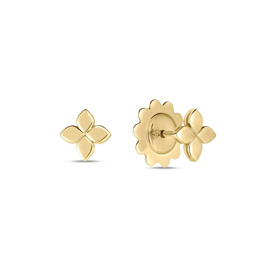 The Roberto Coin Love In Verona Small Flower 18K Yellow Gold Stud Earrings for pierced ears feature a four-petal flower design, shown front and back on a white background.
