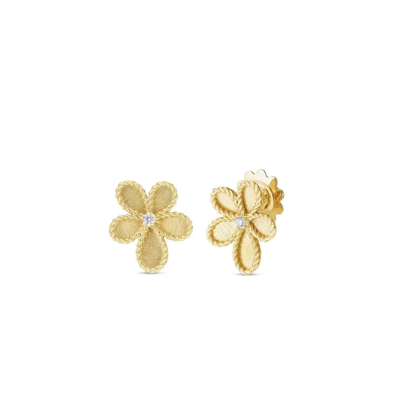 Roberto Coin Jasmine 18K Yellow and White Gold Diamond Flower Earrings featuring 18K gold jasmine-shaped studs with a small diamond at the center of each flower.
