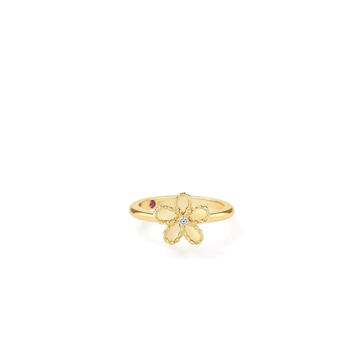 Roberto Coin Jasmine 18K Yellow Gold Diamond Flower Ring featuring a single center diamond and a small inset gemstone on the band.