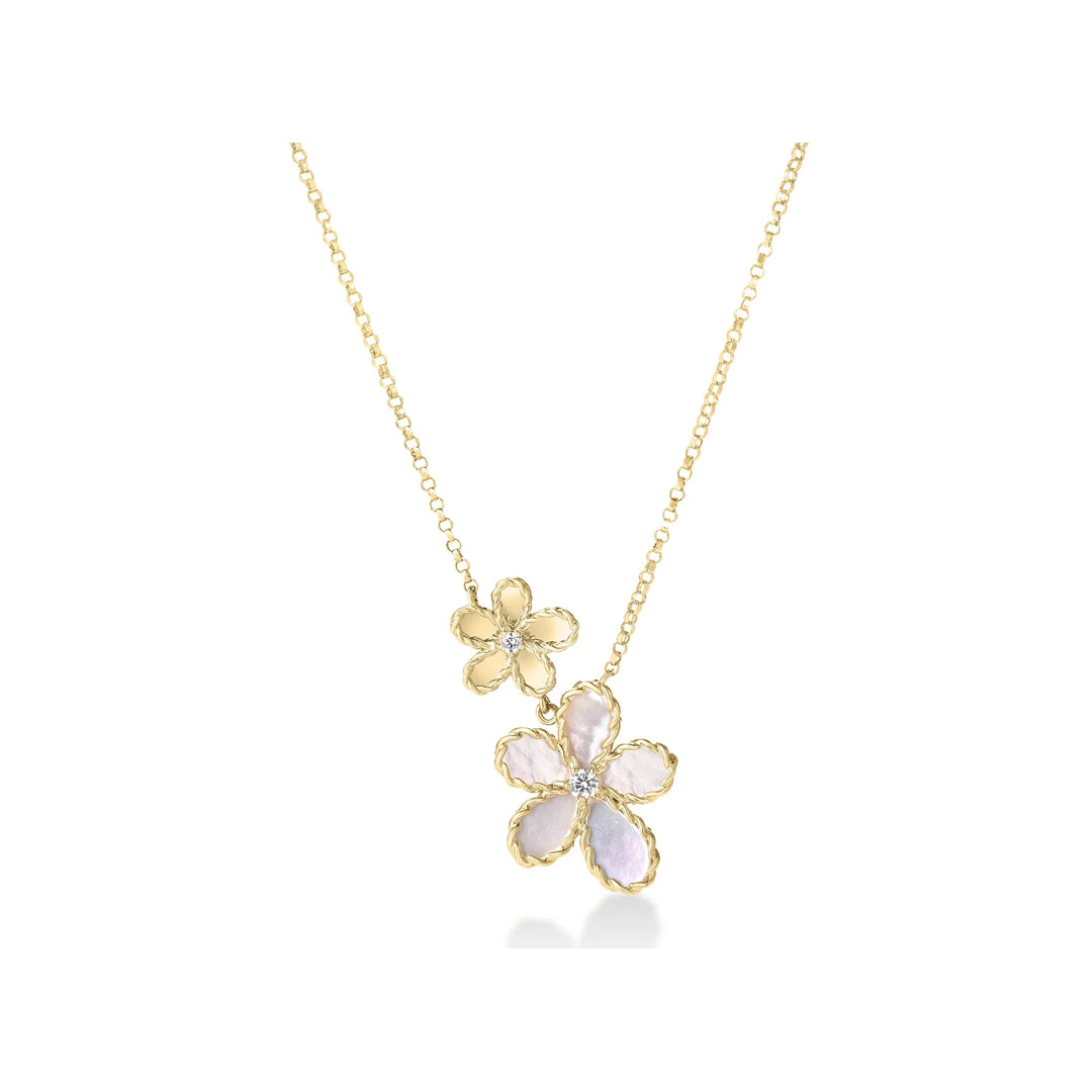 The Roberto Coin Jasmine 18K Yellow Gold Necklace features mother-of-pearl and diamond flower pendants, both elegantly suspended from a fine gold chain.