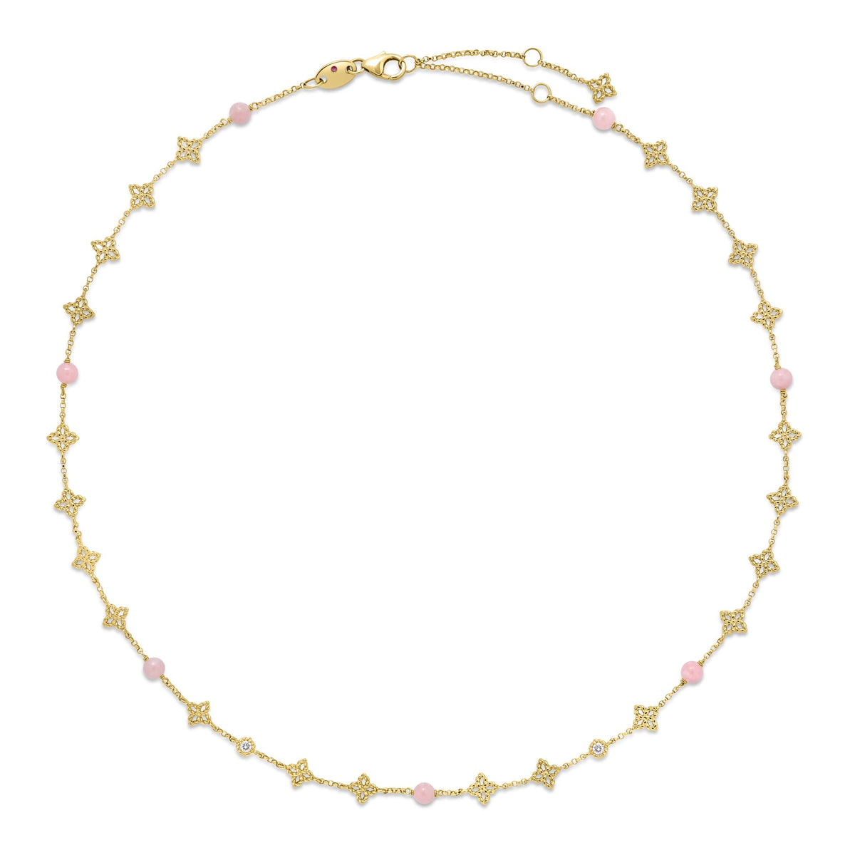 Roberto Coin Princess Flower 18K Yellow Gold Pink Opal and Diamond Necklace, featuring an 18K yellow gold chain with alternating flower-shaped diamond charms and small pink opal beads.