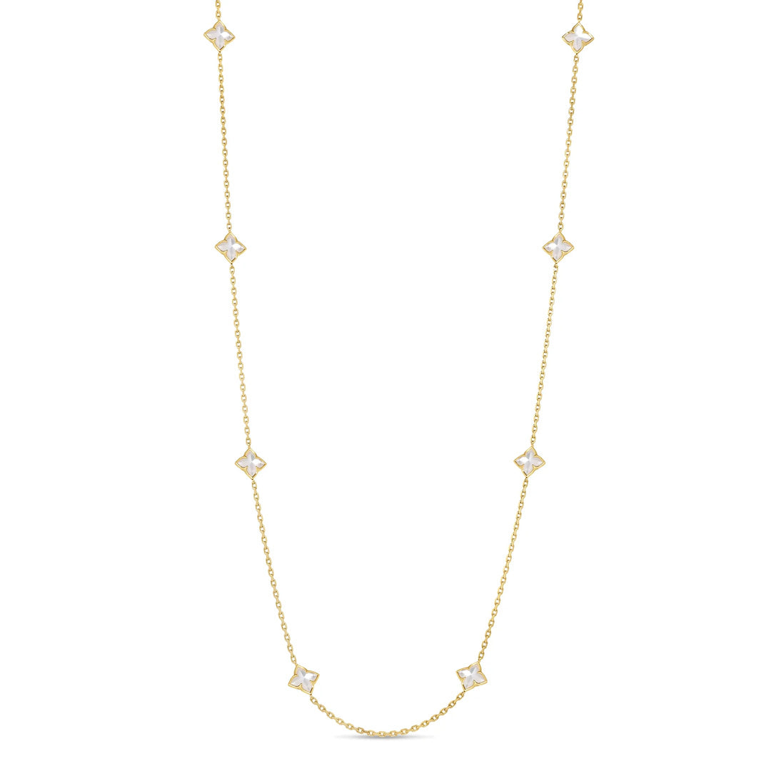 The Roberto Coin Venetian Princess Carnival 18K Yellow Gold Mother of Pearl Flower Station Necklace features delicate flower stations crafted from glowing mother of pearl, elegantly spaced along an 18K gold chain for a touch of timeless elegance.