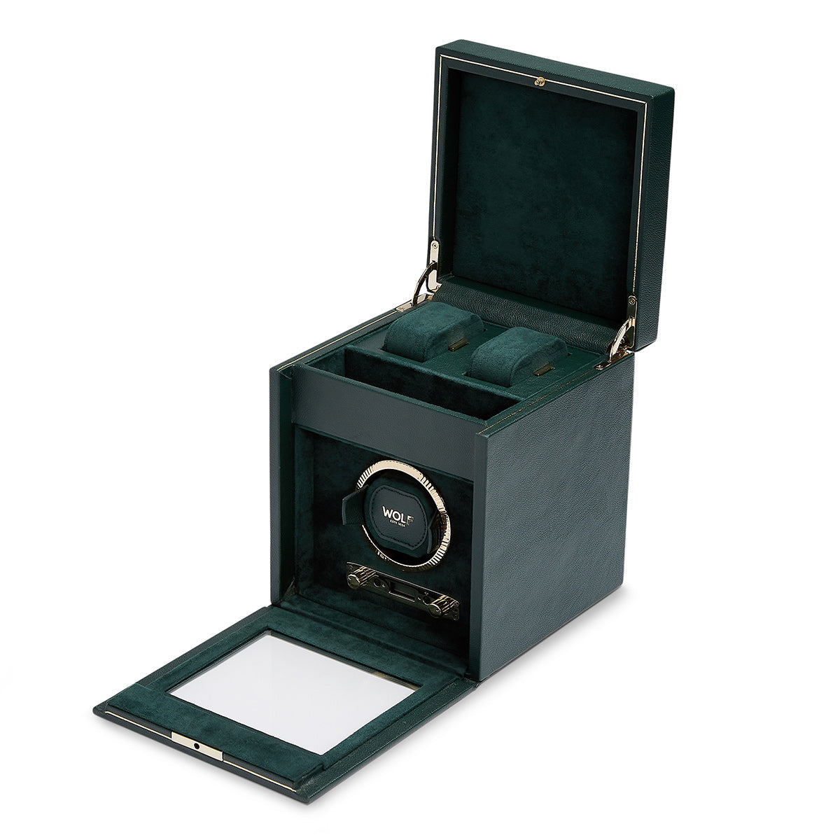 The WOLF 1834 British Racing Green Single Winder, crafted by WOLF, features an open lid and door design showcasing a single winding mechanism and two extra compartments for watch storage. Its interior is elegantly lined with British Racing Green fabric.