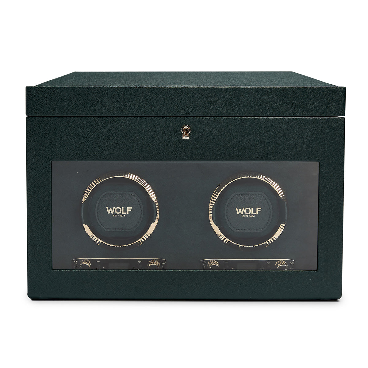 The WOLF 1834 British Racing Green Double Winder, crafted from green vegan leather, features a transparent front panel that highlights two circular compartments for watches. Embellished with gold accents, it exudes the elegance of British Racing style and prominently displays the brand name "WOLF" on each compartment.
