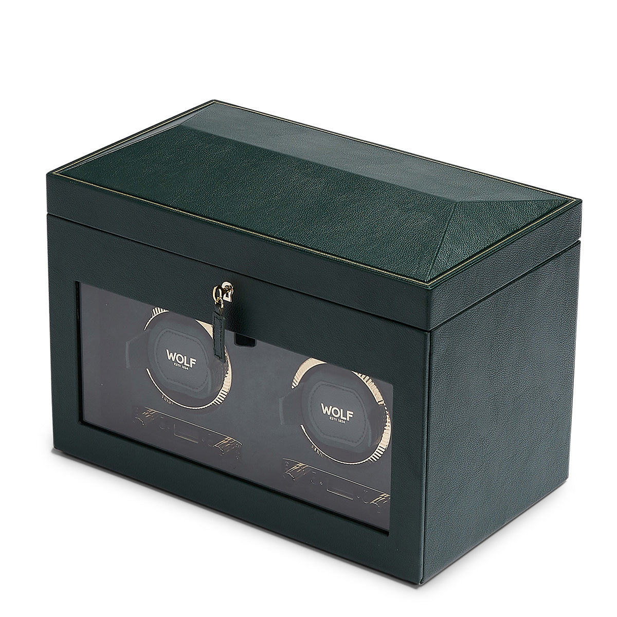 The WOLF 1834 British Racing Green Double Winder by WOLF showcases a sophisticated design with its clear front panel that reveals two circular holders adorned with the "WOLF" branding inside. Crafted from richly textured vegan leather, the watch winder box is equipped with a silver key in the front lock for added security and elegance.