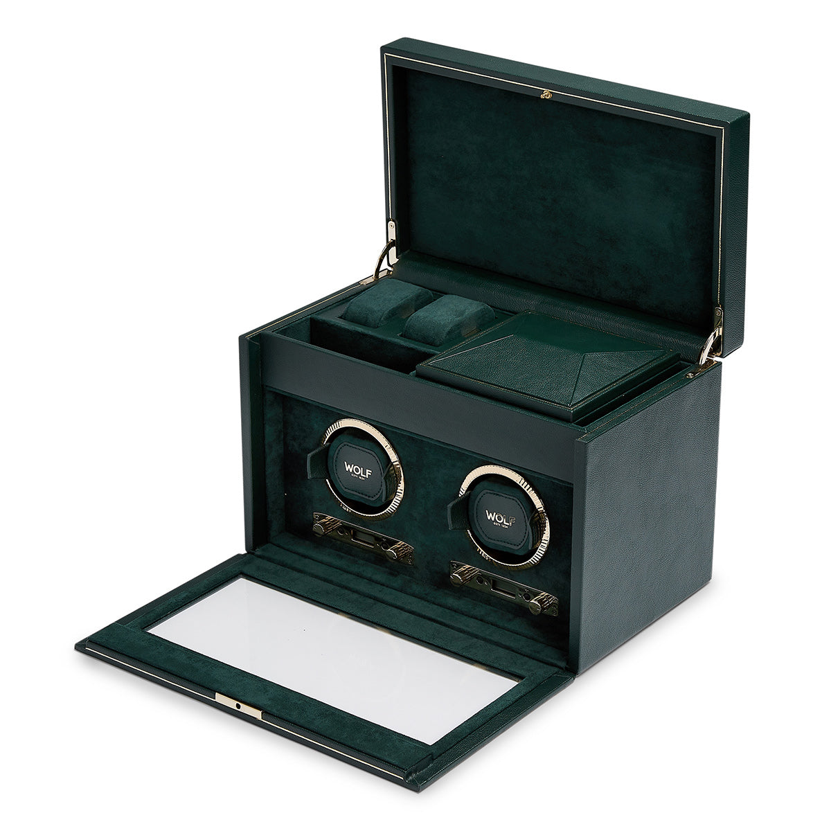The WOLF 1834 British Racing Green Double Winder, crafted by WOLF, presents an open lid and a transparent front panel that elegantly displays two watch winders. Its interior is lined with dark velvety material and includes a compartment for additional storage.