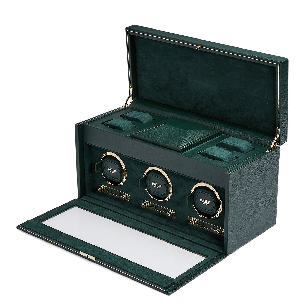 The WOLF 1834 British Racing Green Triple Winder, expertly crafted with vegan leather and featuring an open lid design, showcases three watch compartments with visible gears. The elegant piece is completed by additional storage sections and is lined with matching green fabric inspired by the classic British Racing style.