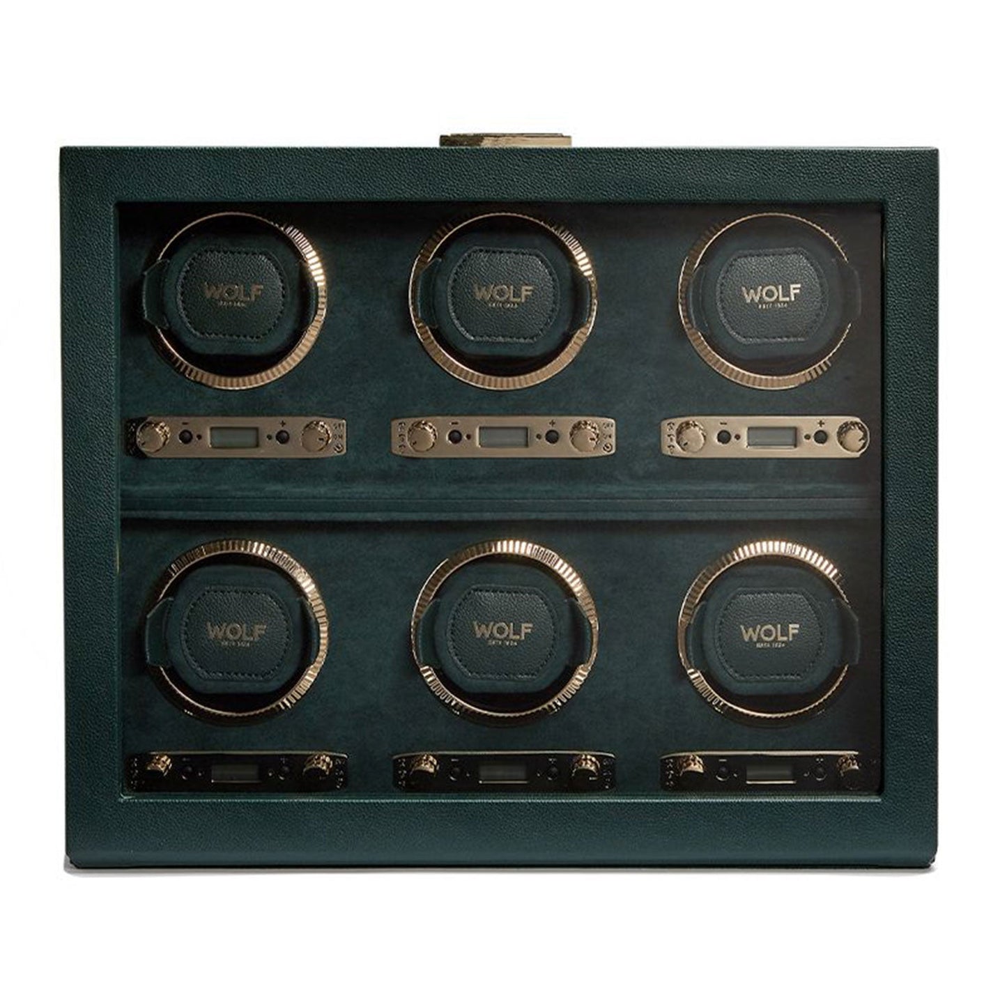 The WOLF 1834 British Racing 6PC Watch Winder is a classic design featuring six slots, each with a circular cushion inscribed with "WOLF." The interior matches the British Racing Green leather exterior, while gold hardware adds a touch of sophistication for adjustments.