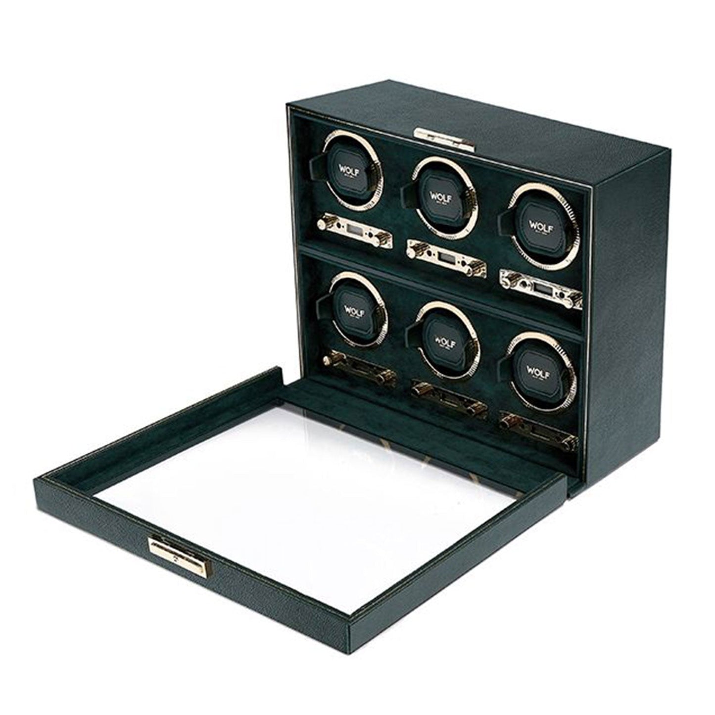 The WOLF 1834 British Racing 6PC Watch Winder by WOLF is a timeless green leather winder featuring a clear glass lid and space for six watches. Inside, it offers individual compartments with circular holders specially designed to keep automatic watches wound when they are not being worn.
