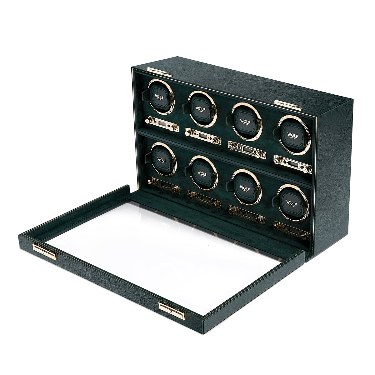 Introducing the WOLF 1834 British Racing 8PC Watch Winder by WOLF, a luxurious timepiece accessory showcasing a sophisticated dark green finish with elegant gold accents and patented innovation. It features eight watch holders arranged in two rows of four, offering a variety of rotation options. The design includes an open front panel for effortless access to your watches.