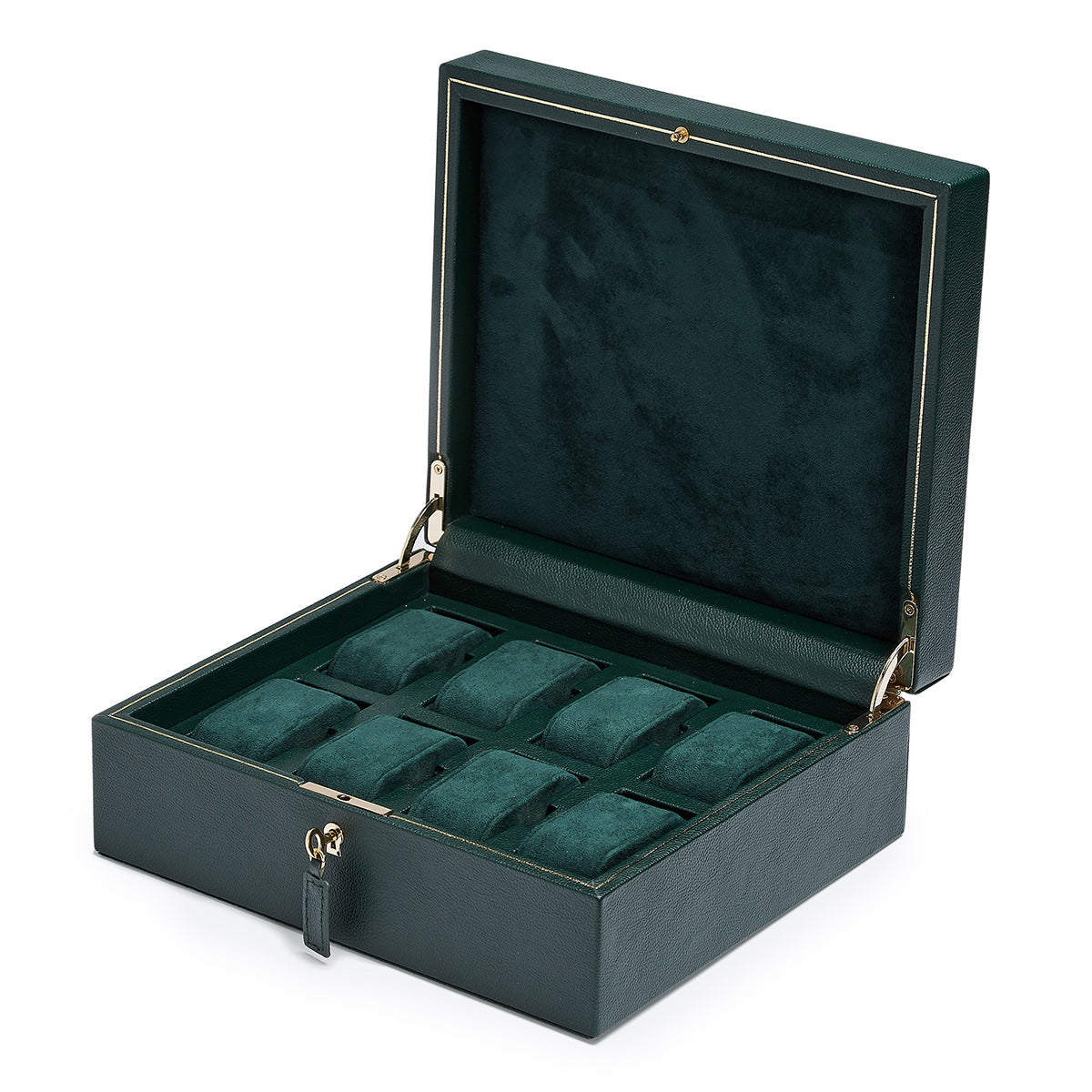 The WOLF 1834 British Racing Green 8 Piece Watch Box is crafted from vegan leather and features a suede interior. It opens to reveal multiple compartments designed for storing watches and includes a secure front lock with brass hinges, blending style with functionality.