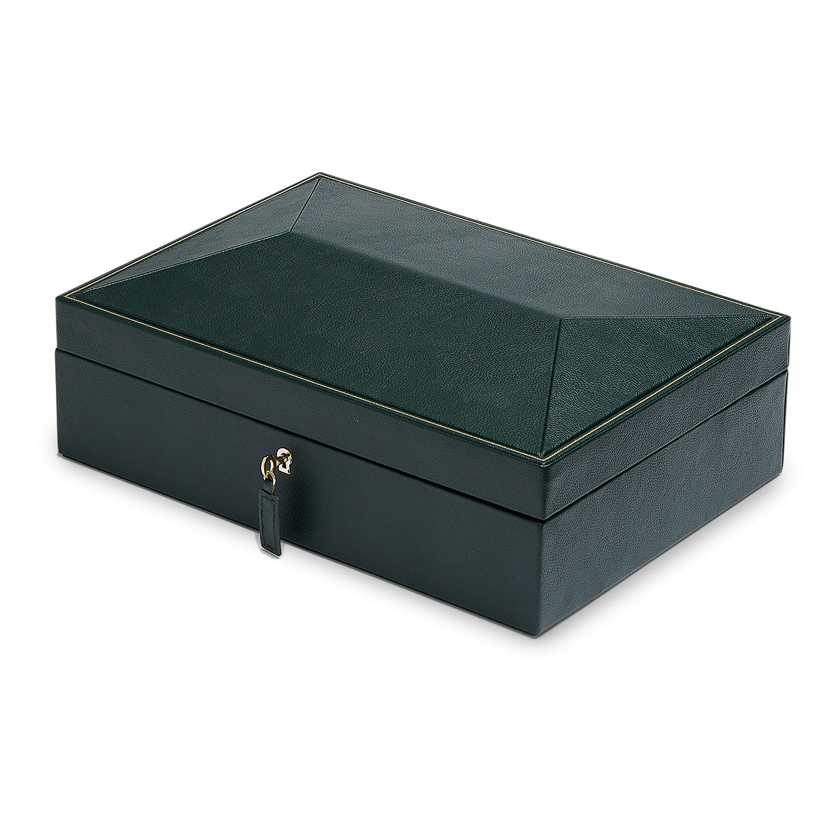 Introducing the WOLF 1834 British Racing 10 Piece Watch Box by WOLF, a sophisticated dark green rectangular box made from vegan leather. It features a textured finish and a small gold latch on the front. The lid's slightly sloped edges enhance its refined and elegant appearance.
