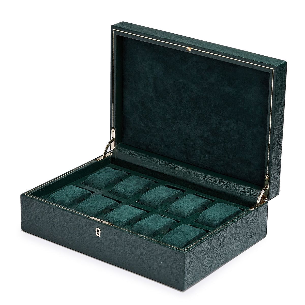 The WOLF 1834 British Racing 10 Piece Watch Box, brought to you by WOLF, showcases a rich dark green exterior made from vegan leather and includes a soft fabric interior with multiple compartments. The rectangular design incorporates a keyhole on the front, ideal for storing your collection of watches or bracelets.