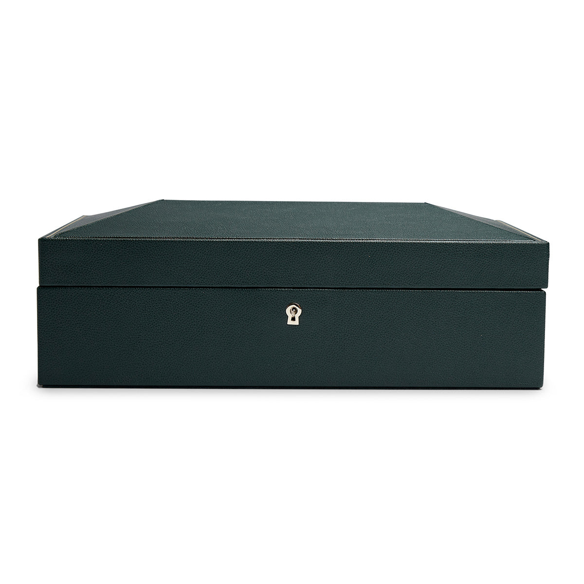 The WOLF 1834 British Racing 10 Piece Watch Box by WOLF showcases a rectangular design in dark green vegan leather with a textured finish and a keyhole at the front. The closed box is elegantly displayed against a simple white background.