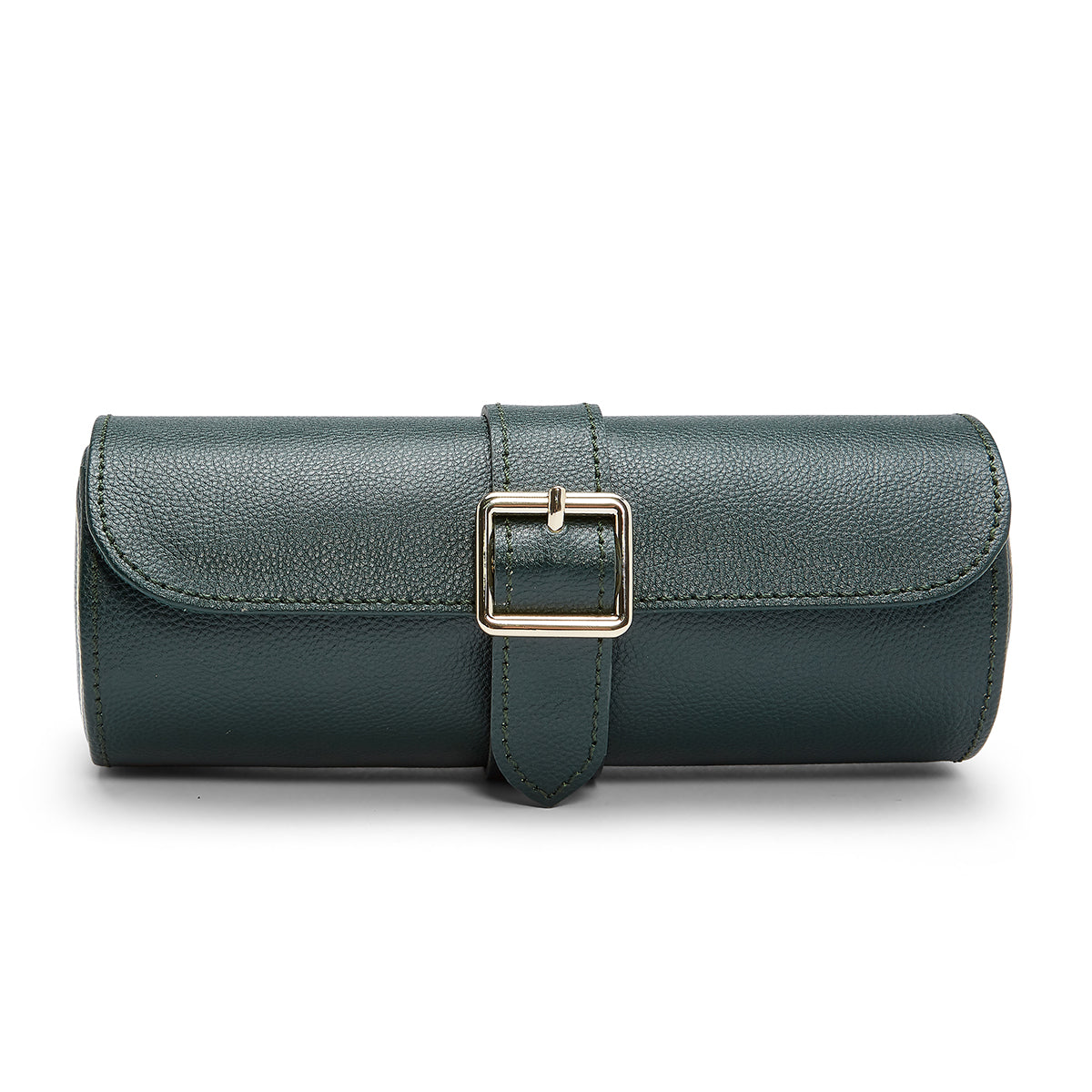 The WOLF 1834 British Racing Triple Watch Roll, crafted from genuine dark green leather, offers a smooth texture and features a secured strap with a gold buckle at its center, making it ideal for use as a discreet hidden jewelry capsule.