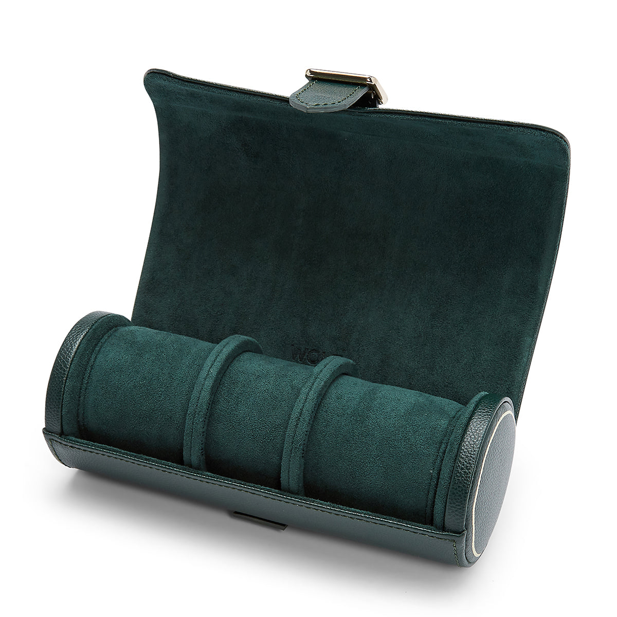 The WOLF 1834 British Racing Triple Watch Roll in dark green genuine leather is open, revealing its soft interior and a discreet snap button closure.