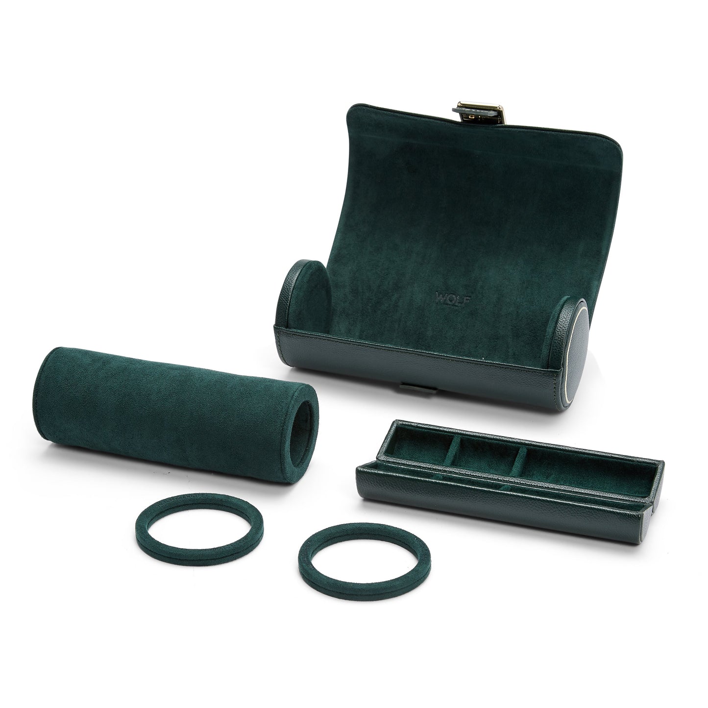 The WOLF 1834 British Racing Triple Watch Roll from WOLF is a green genuine leather set that includes various components such as a cylindrical holder, a sleek watch roll, an open-lid main case, two circular rings, and a rectangular compartment tray. Each piece is lined with soft material for added protection.