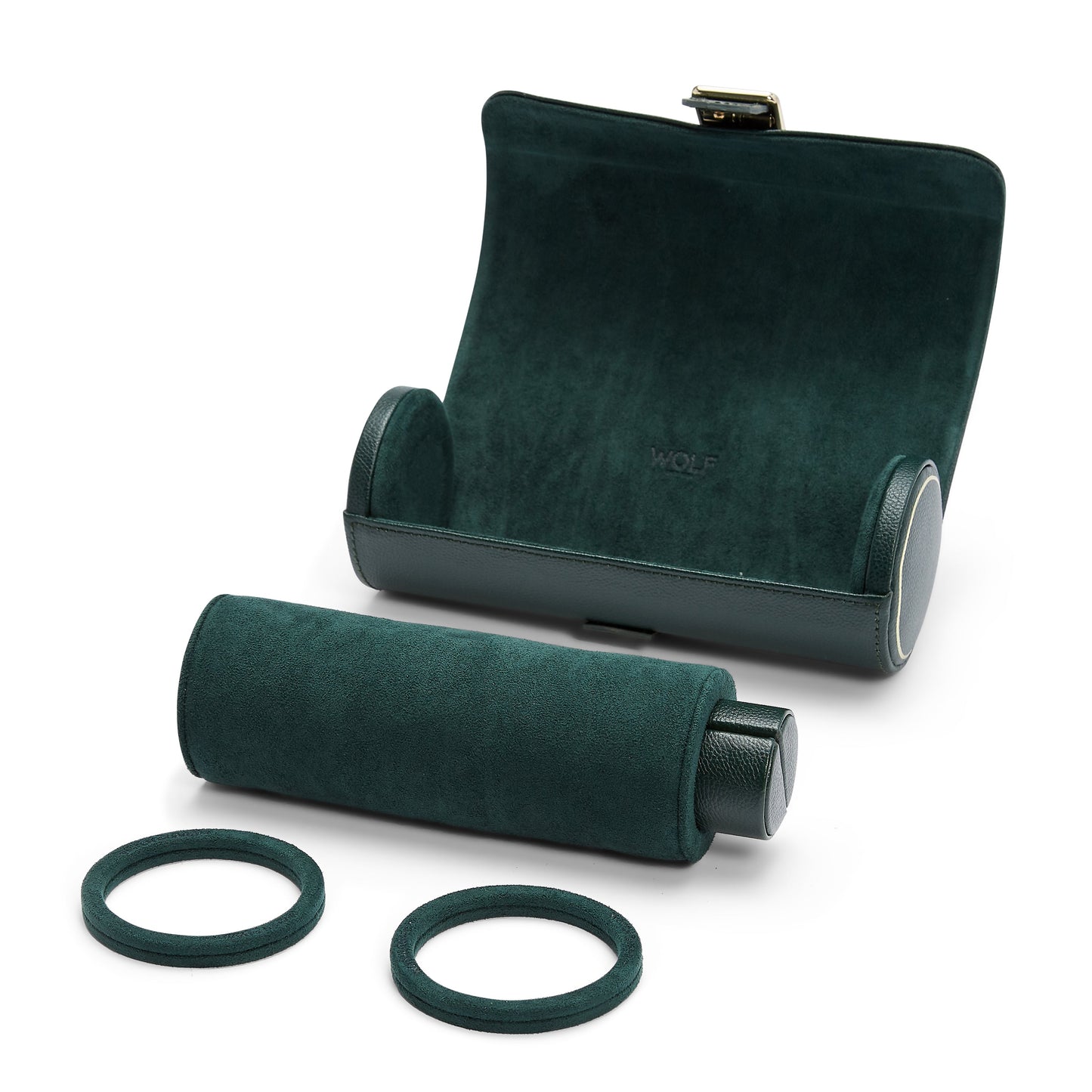 The WOLF 1834 British Racing Triple Watch Roll by WOLF is crafted from soft fabric and opens to reveal cylindrical compartments with removable foam rings, providing secure storage and protection for your watches while traveling. It also serves as a discreet jewelry capsule, ensuring peace of mind on the go.