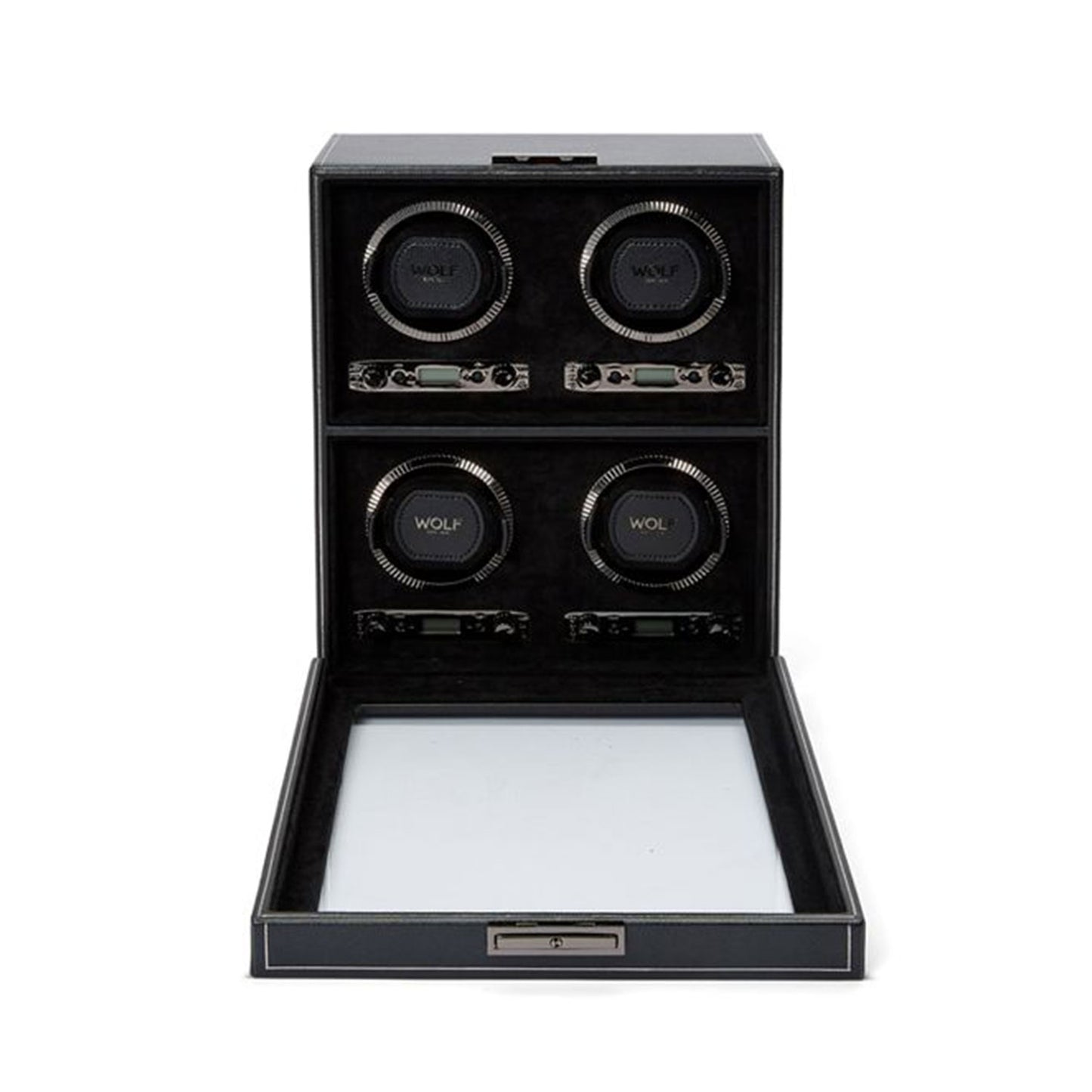 The WOLF 1834 British Racing 4PC Watch Winder is a timeless black device, crafted to hold and wind automatic watches with four compartments. The open case beautifully showcases the winders and control panels beneath each compartment.